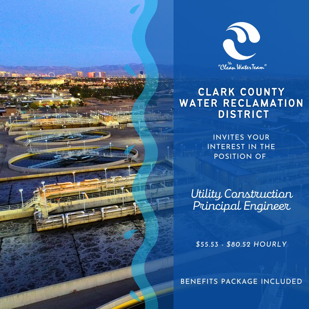 Cleanwaterteam's tweet photo. New opportunity to join the Clean Water Team! Apply now for the Utility Construction Principal Engineer position with the Clark County Water Reclamation District!

Details at https://t.co/r6GwQvecD7

hashtag#hiring hashtag#jobs hashtag#cleanwaterteam https://t.co/mGkVc7tTcK