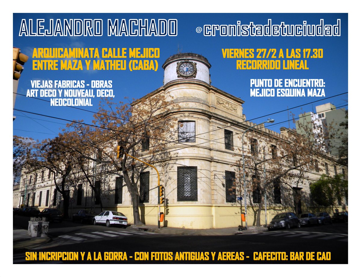 Estreno de cronista de tu ciudad. Viernes 27/2 a las 17.30  Desde la fabrica de Confecciones de Gath y Chaves, pasando por obras de Massué, Fasiolo y Storti, Schindler, Trotti.  Primera opcion cafecito: Bar de Cao, enfrente hay un Podio.