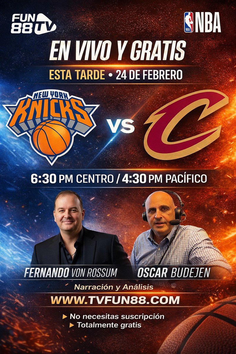 MARTES DE #NBA 🏀 EN VIVO‼️
KNICKS 🆚 CAVS 
#NewYorkForever  🆚 #LetEmKnow 
🎙️ <a href="/fvonrossum/">Fernando Von Rossum</a> <a href="/OscarBudejen/">Oscar Budejen</a> 

🕘 🇲🇽 18:30 | 🇨🇴 🇵🇦 19:30 | 🇻🇪 20:30
📍 #RocketArena | Cleveland, OH

SINTONIZA AQUI 👇👇
 💻📱 TVFUN88.com
#FUN88TV #Campanazo 🔔🏀
💸🏀Te regalamos $88 pesos