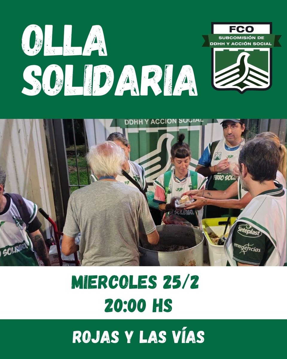 Mañana vuelva la olla solidaria 🫂💚

Todos los últimos miércoles de mes estamos presentes en Rojas y las Vías para darle un plato de comida a aquellas personas de nuestro barrio que peor la están pasando 🤝

Si querés sumarte o donar alimentos, contactanos por privado! 📨