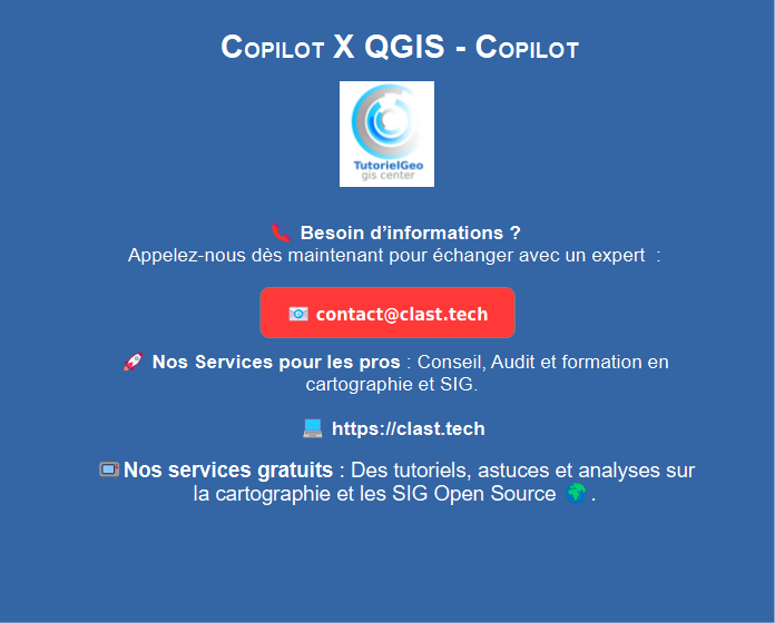 TutorielGeo's tweet photo. 🚀Copilot X QGIS - Copilot 🎥
https://t.co/5kkAzrkYjO 

💼 Nos Services pour les pros : https://t.co/CyhvOW76qN 

📞contact@clast.tech

📺 Nos services gratuits 🌍 : https://t.co/XpnqtUc6Ws

@Qgis @georezo @IGNFrance @insee  
#GIS #Geospatial #Copilot https://t.co/hljK7rwDcG