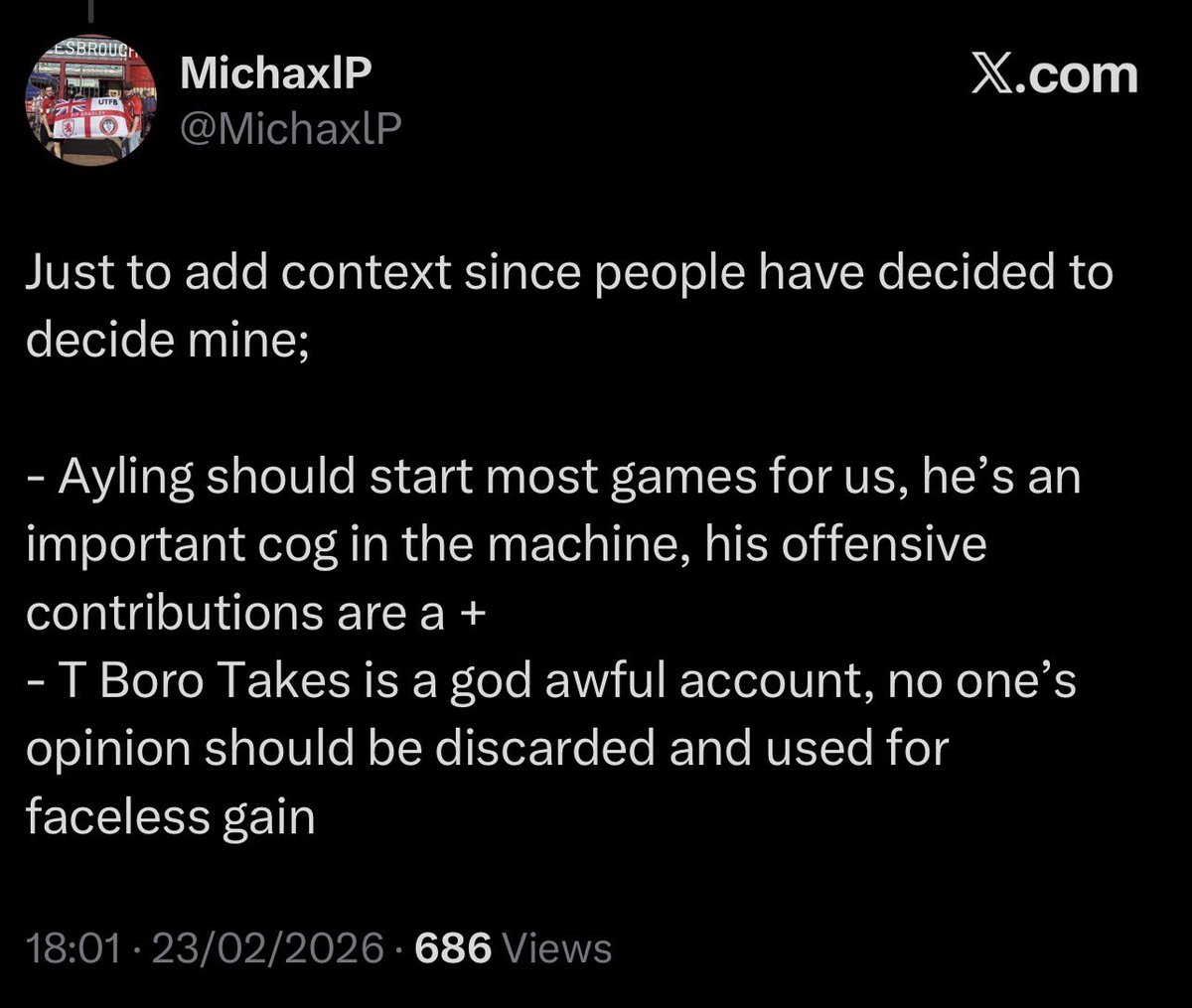 Terrible #Boro Take

Comical player or should start most games for us, make your mind up son 👍