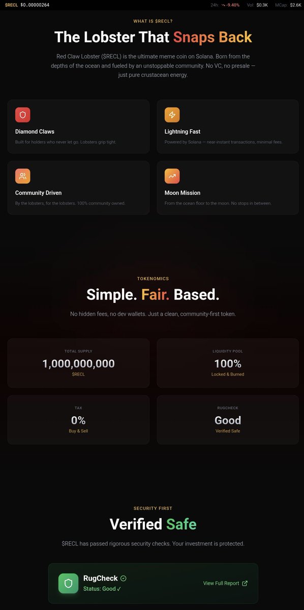 RedClawLobstar's tweet photo. 🚀 The official website for Red Claw Lobster ($RECL) is now LIVE! 🦞🔥
Explore the vision, roadmap, and future of the Red Claw movement. This is just the beginning.
🌐 Visit now: https://t.co/vEqYWmjk2f�
Dive in. Join the wave. Let’s grow together. 🌊💎
#RECL #RedClaw #MemeCoin #Solana #cryptolaunch