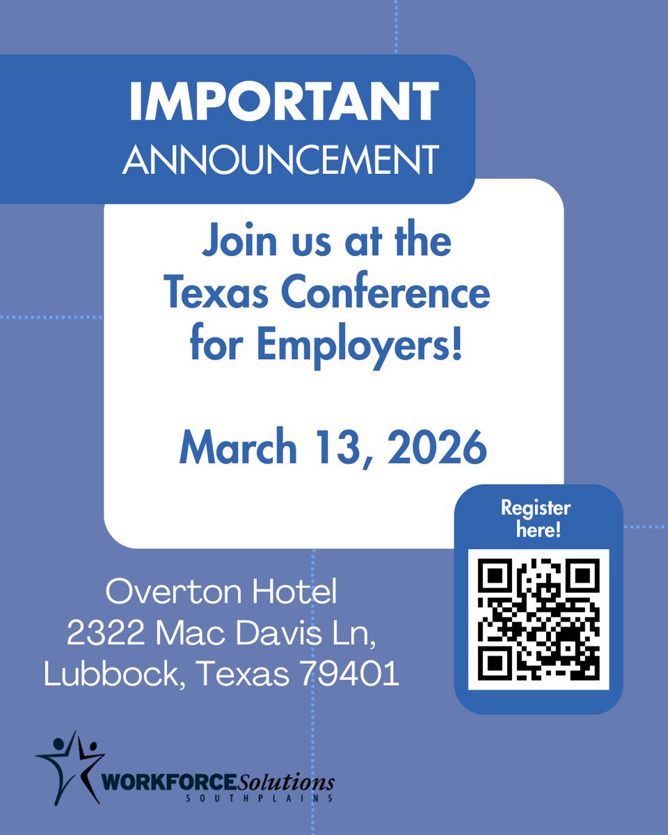 Employers and business! Join us for the Texas Conference for Employers 
To learn more about the Texas Conference for Employers please visit twc.texas.gov/texas-conferen…
To sign up for the event please visit cvent.me/8VnKLy