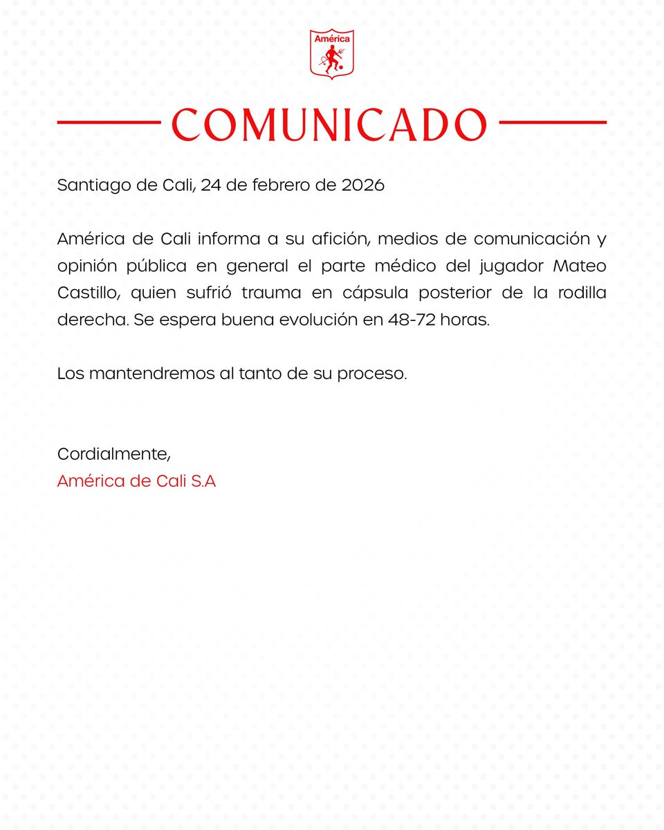 Parte oficial del departamento médico del <a href="/AmericadeCali/">América de Cali</a> acerca de la lesión de Mateo Castillo

#CasaEscarlata #ASBNoticias

📷América de Cali