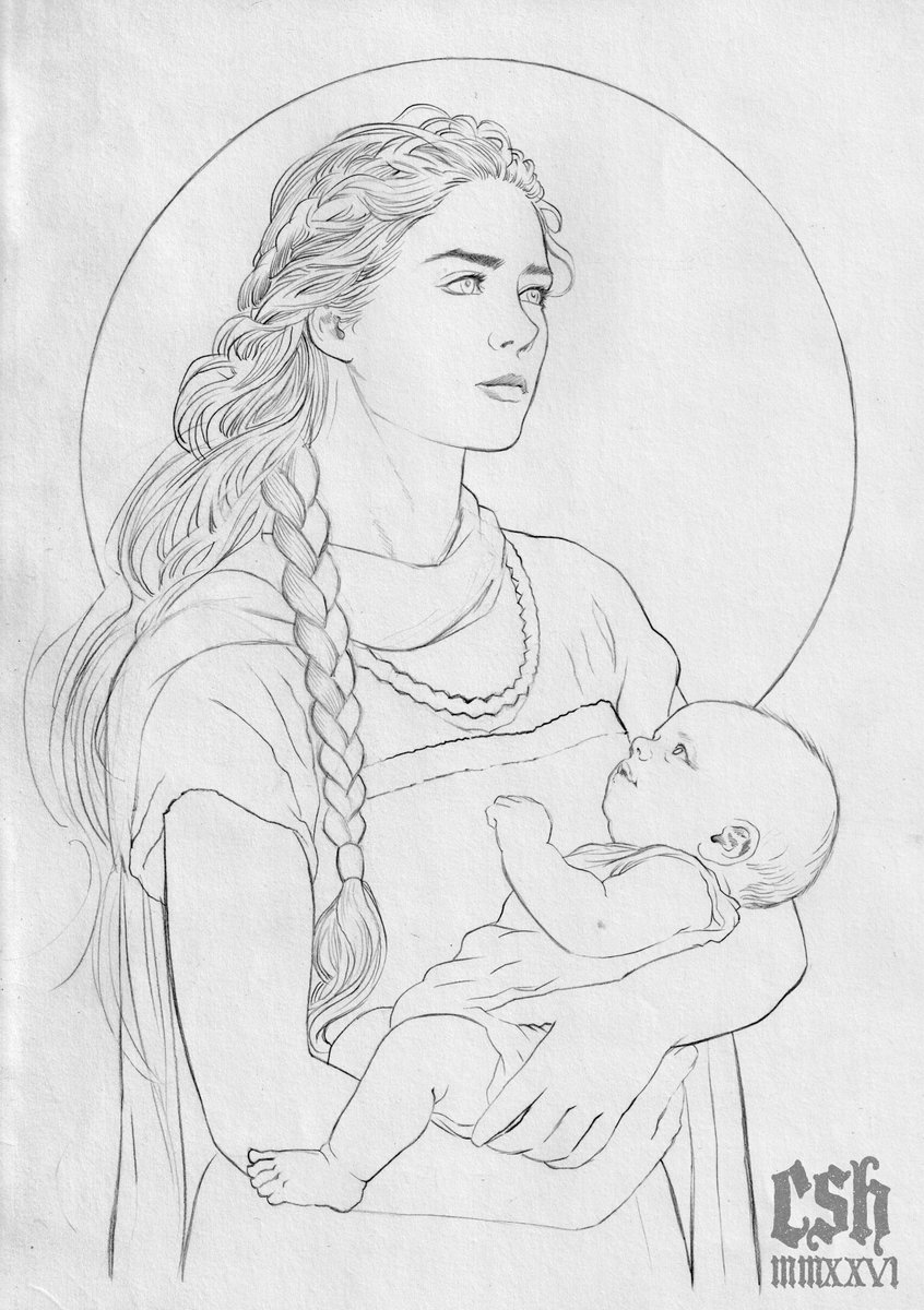 A neolithic British mother and child, pencil drawing on A4 paper for another <a href="/RestoreBritain_/">Restore Britain</a>  poster. I'll be drawing the background and shading her now, and designing another border to frame the logo and Image together🍻