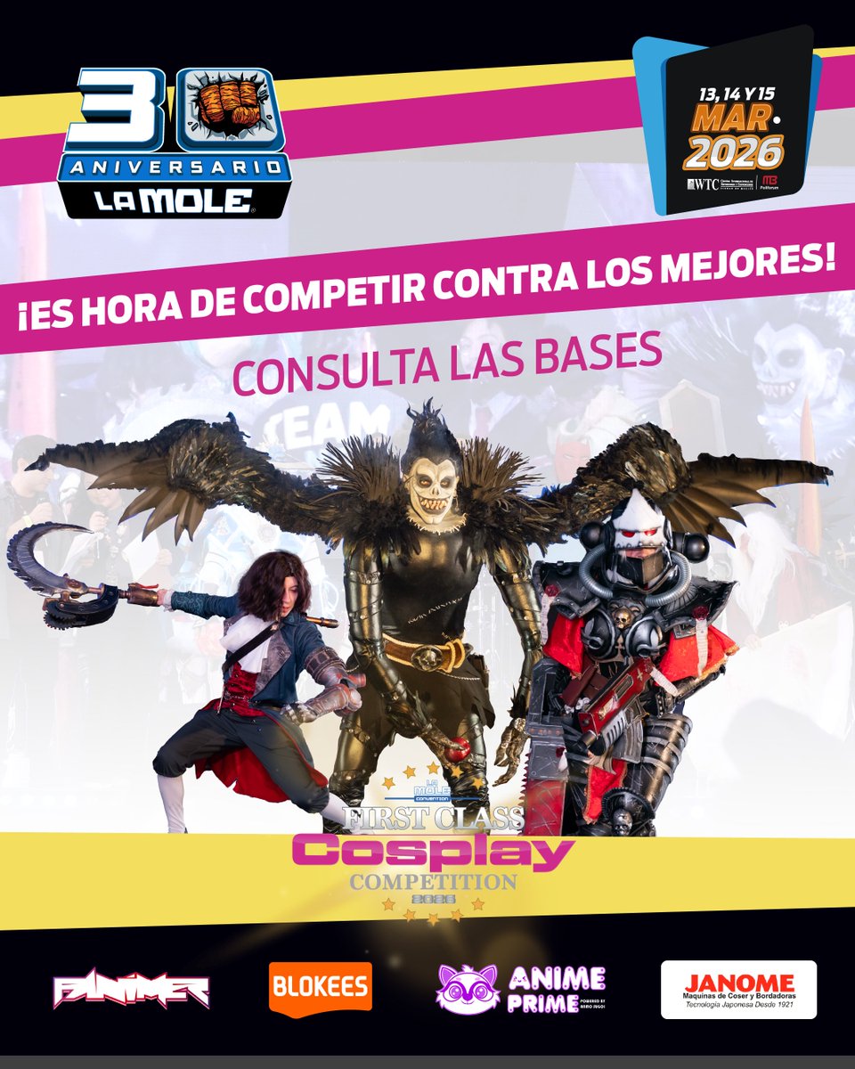 lamolemx's tweet photo. 🏆 ¡Llegó el momento!
Regístrate para la #FirstClassCosplayCompetition y prepárate para lucir en el escenario de La Mole en su edición de 30 aniversario.
🟥 Consulta las bases en https://t.co/FN7kZ9Ev3B
🟩 Y entonces regístrate en https://t.co/5HIKCZPYWa
#Pr1meroLaMole https://t.co/UAZmQnjhBX