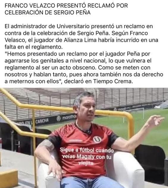 <a href="/TiempoCrema1924/">Tiempo Crema 1924</a> "Pero llama la atención que un 3er club se meta en un tema que no le corresponde" 
...
Alianza Lima vs Garcilazo.
Gol de Sergio Peña.