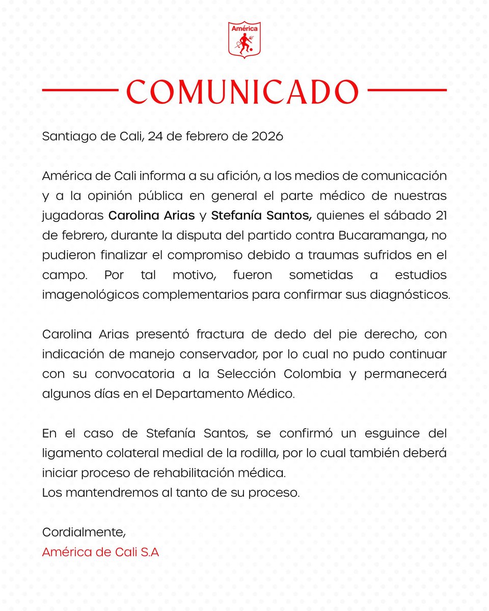 Parte oficial del departamento médico del
<a href="/AmericaCaliFem/">América de Cali Femenino</a> acerca de las lesiones de Carolina Arias y Stefanía Santos  

#CasaEscarlata #ASBNoticias 

📷América de Cali Femenino