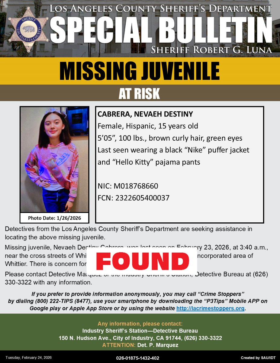 *UPD LOCATED* #LASD Advises At-Risk Missing Juvenile Nevaeh Destiny Cabrera Has Been #Found local.nixle.com/alert/12218587/