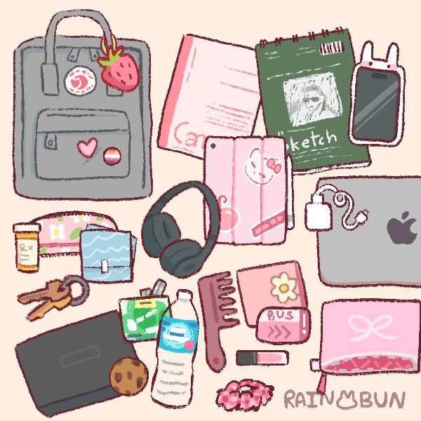 naneinstein_'s tweet image. basically my uni bag… the sketchbook was use for notes, migraine pills, always carrying my charger with me and hair tie bc #labs. not in the image: my lunchbox for my lunch and snacks blep :p