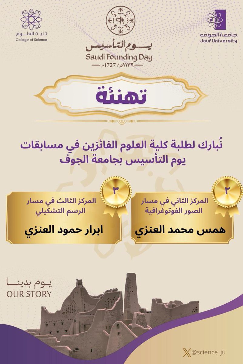 #تهنئة ||

نُبارك لطلبة #كلية_العلوم الفائزين في مسابقات #يوم_التأسيس بجامعة الجوف ..

فخورين بكم، ونتمنى لكم دوام التميّز والتوفيق..✨

#كلية_العلوم 
#جامعة_الجوف