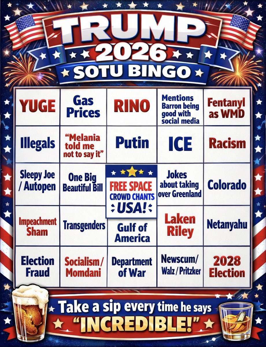 MtnViewsCO's tweet photo. If you want to make President Trump’s State of the Union even more entertaining, throw in a little drinking game and bingo. 

Huge thanks to our badass friend @ItsRavenFinegan for putting this together! She’s new to X too, so give her a follow!

🍺🇺🇸❤️ https://t.co/YmkB5yfcQN