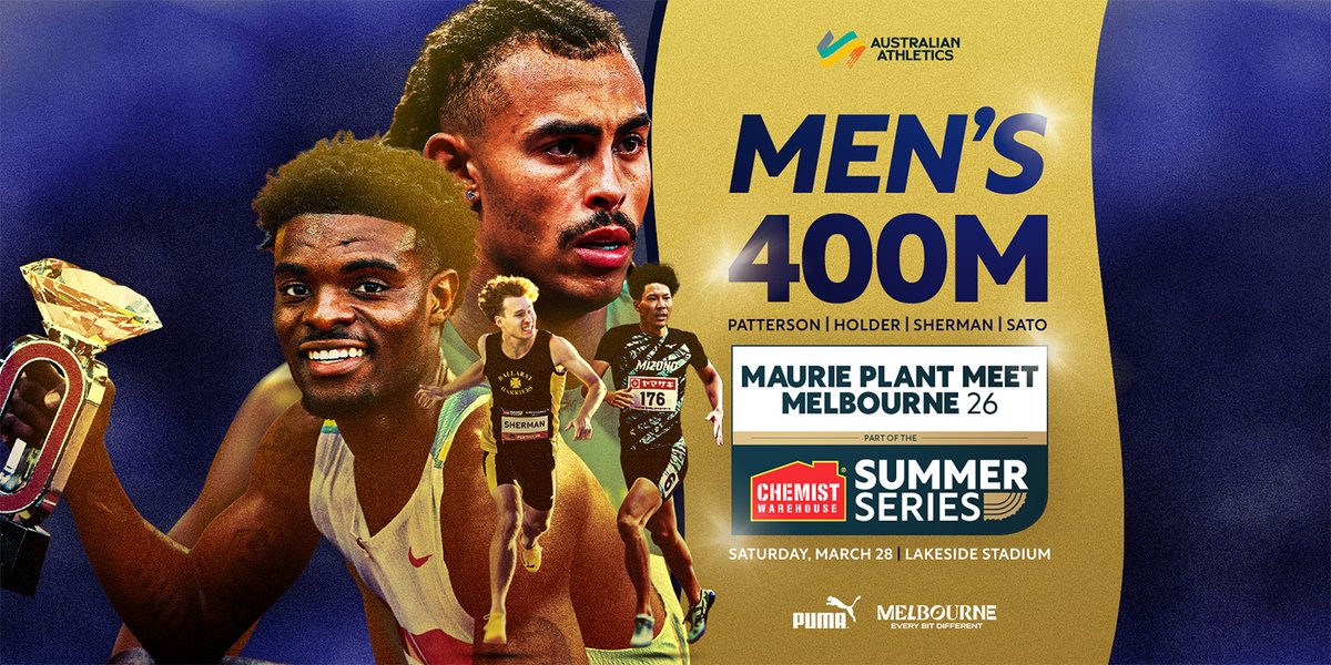 AustralianAths's tweet photo. ONE LAP, ONE WINNER 🔥👀

Reigning Diamond League champion Jacory Patterson has vowed to run his season-opening 400m like his last when he hits the track at the Maurie Plant Meet – Melbourne, with Australia’s Reece Holder the first to put his hand up to take on the US champion.

Could another sub 45-second man join them in the Chemist Warehouse Summer Series?

🗞🎟https://t.co/eHy4dX1m4E

#AthleticsNation #ContinentalTourGold #VisitMelbourne