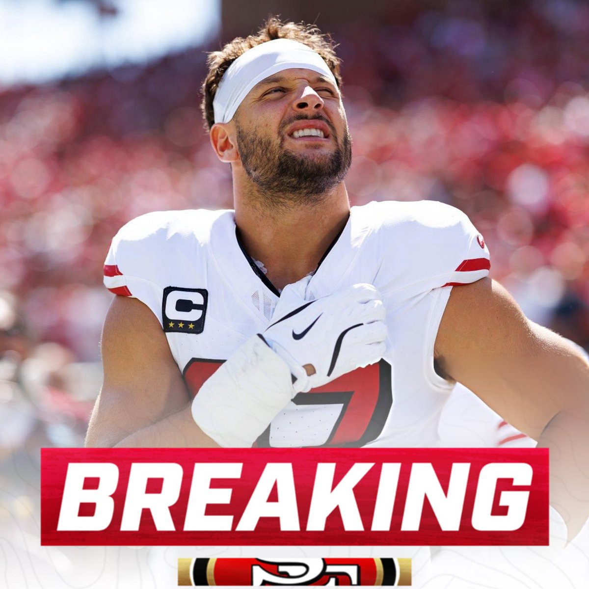 OurSf49ers's tweet photo. #49ers Nick Bosa (torn ACL) is expected to be ready by training camp, per John Lynch https://t.co/1KD5dvkL1x