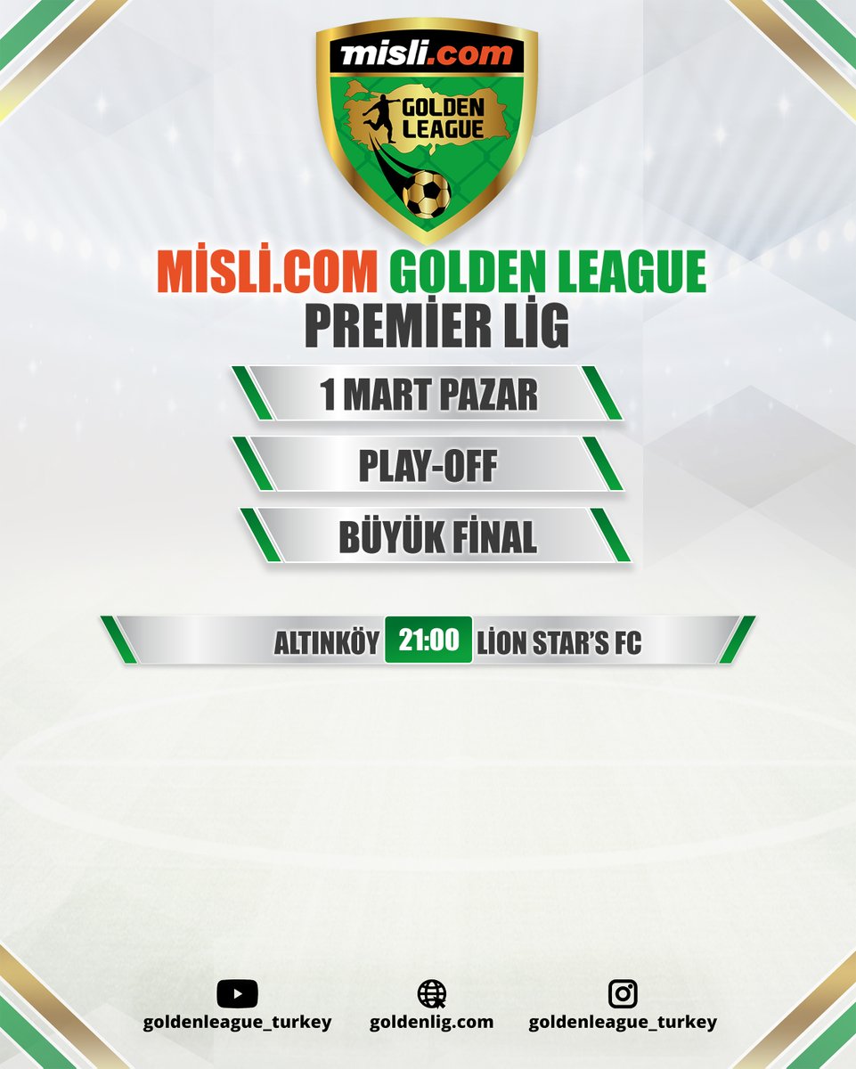 Misli.com Golden League / 2025 Kapanış Sezonu / Play-Off Büyük Final - Maç Programı

#eniyilerinligi #goldenlig #goldenleague #futbol #halısaha #2025kapanışsezonu #ümraniye #premierlig #playoff #roadtoantalya