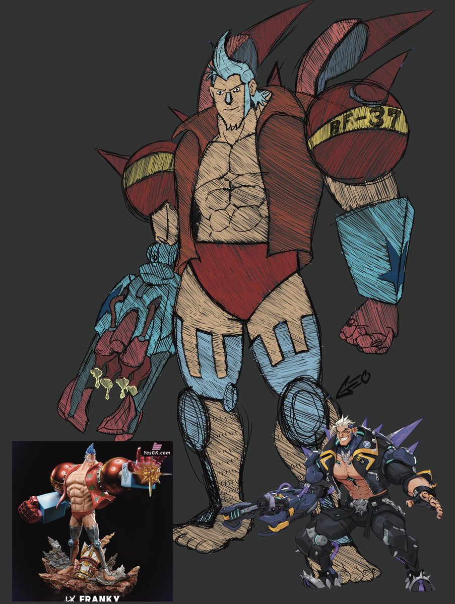 <a href="/conorgoldenboy/">conor mcleod</a> if Overwatch ever does a One Piece collab, we need to scream for Hazard to get a Franky skin. Would be so awesome. Just a quick sketch I did.