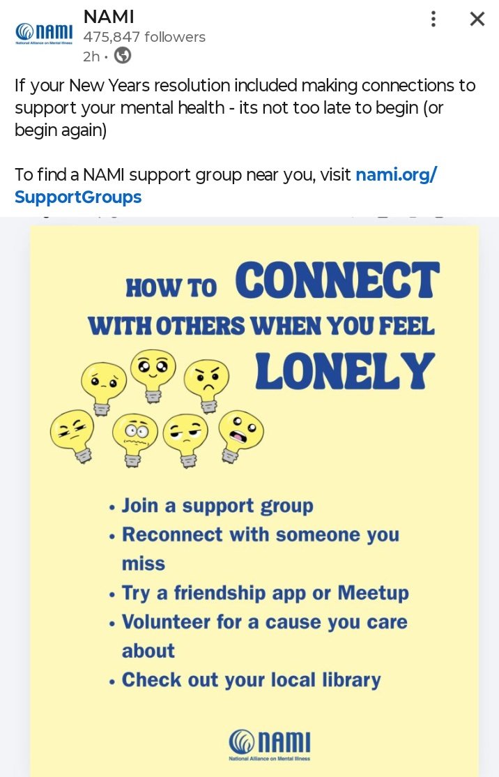 Feeling lonely reach out to <a href="/NAMICommunicate/">NAMI</a> and try volunteering🌞
Helping others helps me🙏