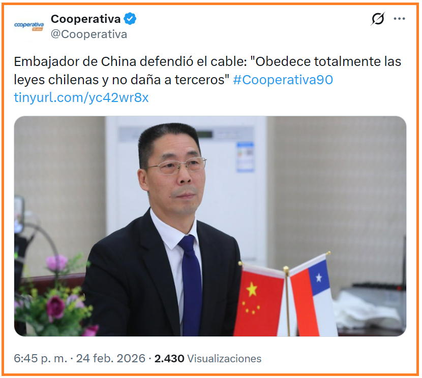 Le faltó agregar que la dictadura china tiene derecho por Ley a intervenir estratégicamente en los proyectos privados.
En Chile no existe un organismo de inteligencia.
Es más, somos tan mediocres que aún no sabemos quién quemó las estaciones del Metro en nuestras narices.