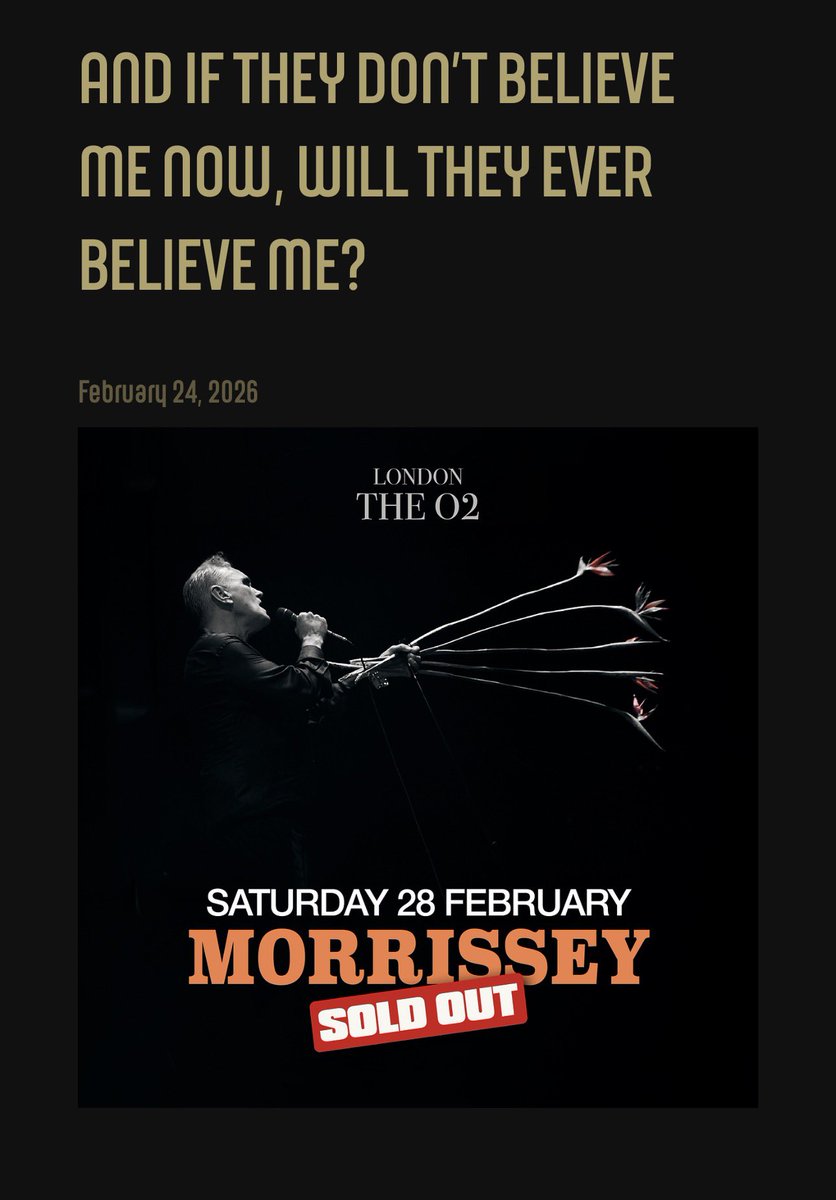 Morrissey sells out the O2 in London morrisseycentral.com/messagesfrommo…