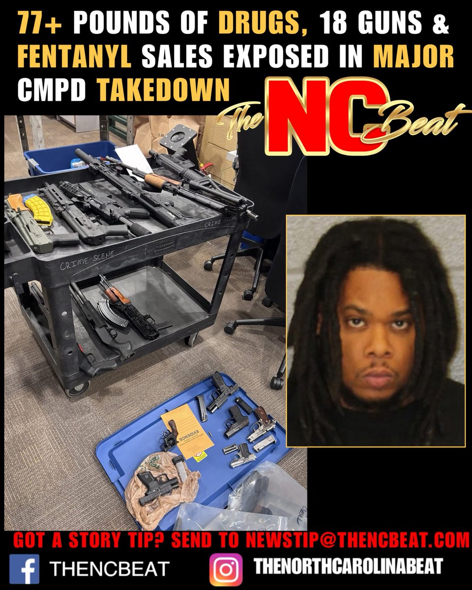 TheNCBeat's tweet image. #CMPD says Raheem Raysean Taylor was arrested after a lengthy investigation that allegedly uncovered 77+ pounds of drugs — including marijuana, cocaine, MDMA and fentanyl — plus 18 guns, two of them reported stolen.

thencbeat.com/massive-charlo…