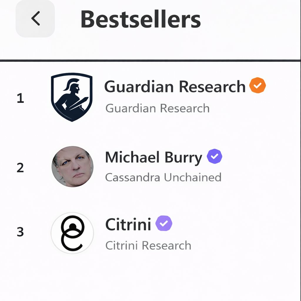 I don't want to make a big deal out of this but Guardian Research is officially #1 on Substack, ahead of <a href="/michaeljburry/">Cassandra Unchained</a> and <a href="/Citrini7/">Citrini</a> . Michael, you shorted the housing market. I'm long obscure smid-caps that nobody covers. We are clearly operating at the same level now and I