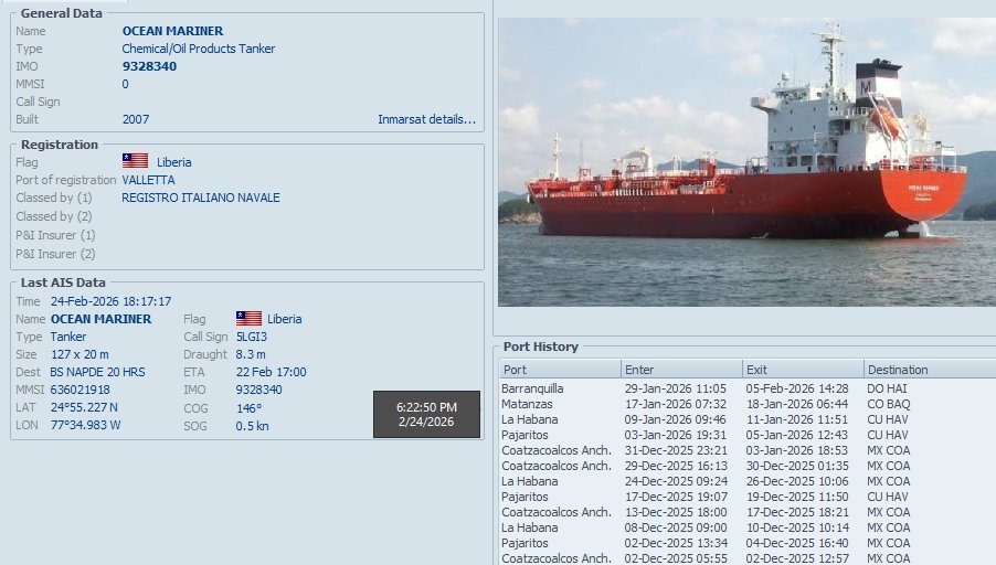 FlconEYES's tweet image. OCEAN MARINER 9328340
Chemical/Oil Products Tanker

Tanquero rentado al servicio del @PartidoPCC. Traía los envíos de combustibles del #CJNG cortesía @Claudiagb2019 via #GasolinasBienestar y @Pemex 

En el mapa, los últimos 90 días de navegación.

Aún en #Nassau (#Bahamas)