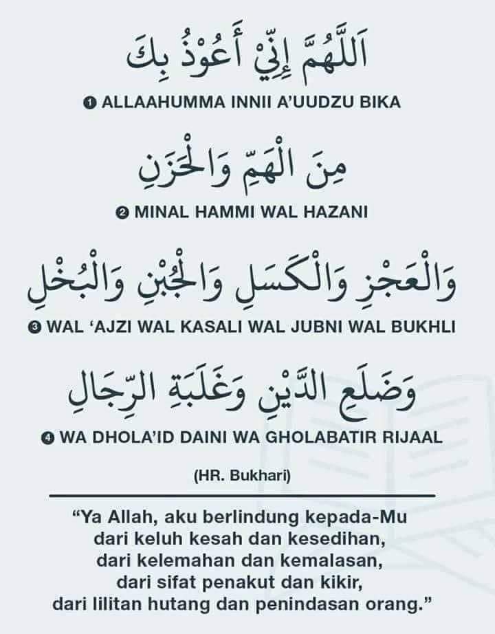 Nabi S.A.W ajarkan doa ini adalah untuk selesaikan masalah :

1) Bebanan hutang
2) Lemah semangat, gelisah jiwa dan malas
3) Rasa sedih dan takut
4) Takde keyakinan diri
5) Selalu ditindas, dipermainkan dan diperlekehkan.

Doa ni mustajab tau, cuma ramai yang tak tahu cara amal.
