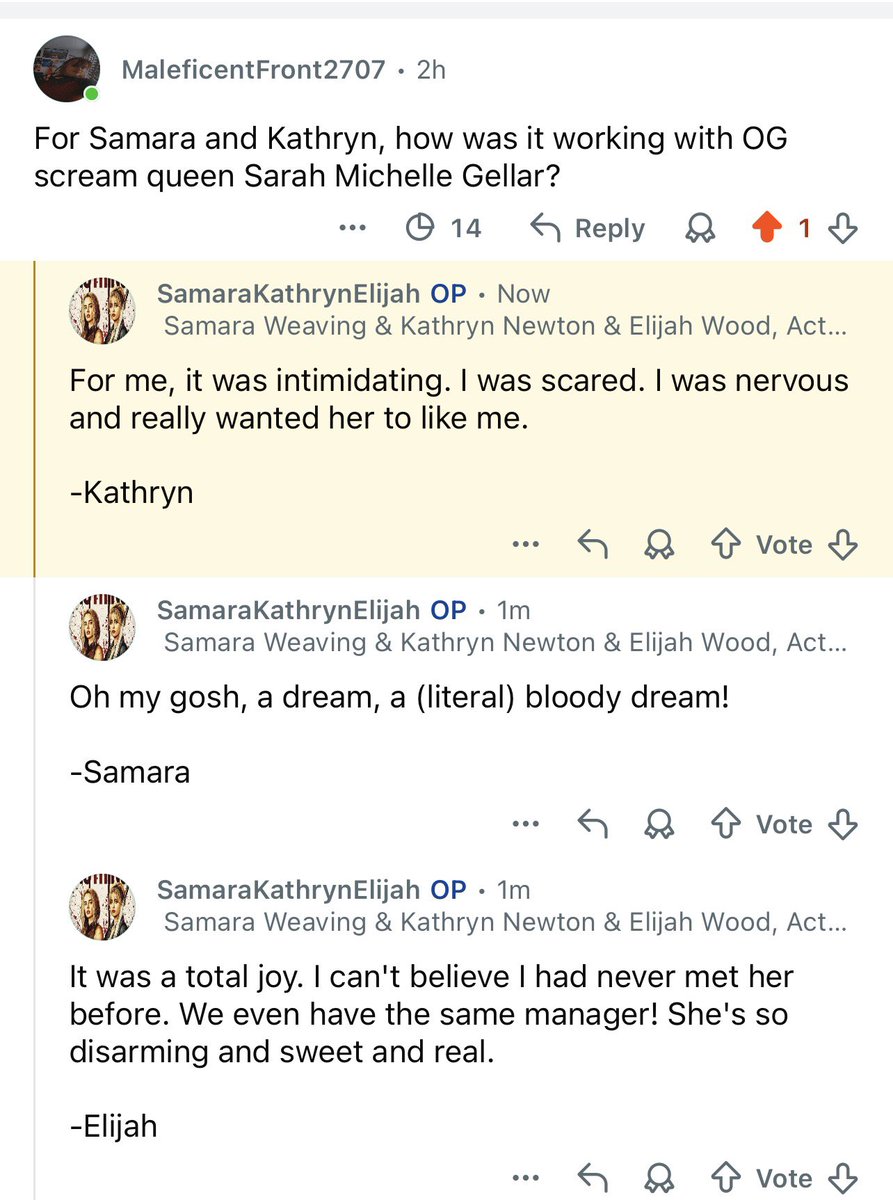 giselleb1234's tweet image. Had the opportunity to ask a question to the cast of Ready Or Not 2 on Reddit and Samara Weaving, Elijah Wood, AND Kathryn Newton all answered IM SCREAMING 🥹❤️ #ReadyOrNot2