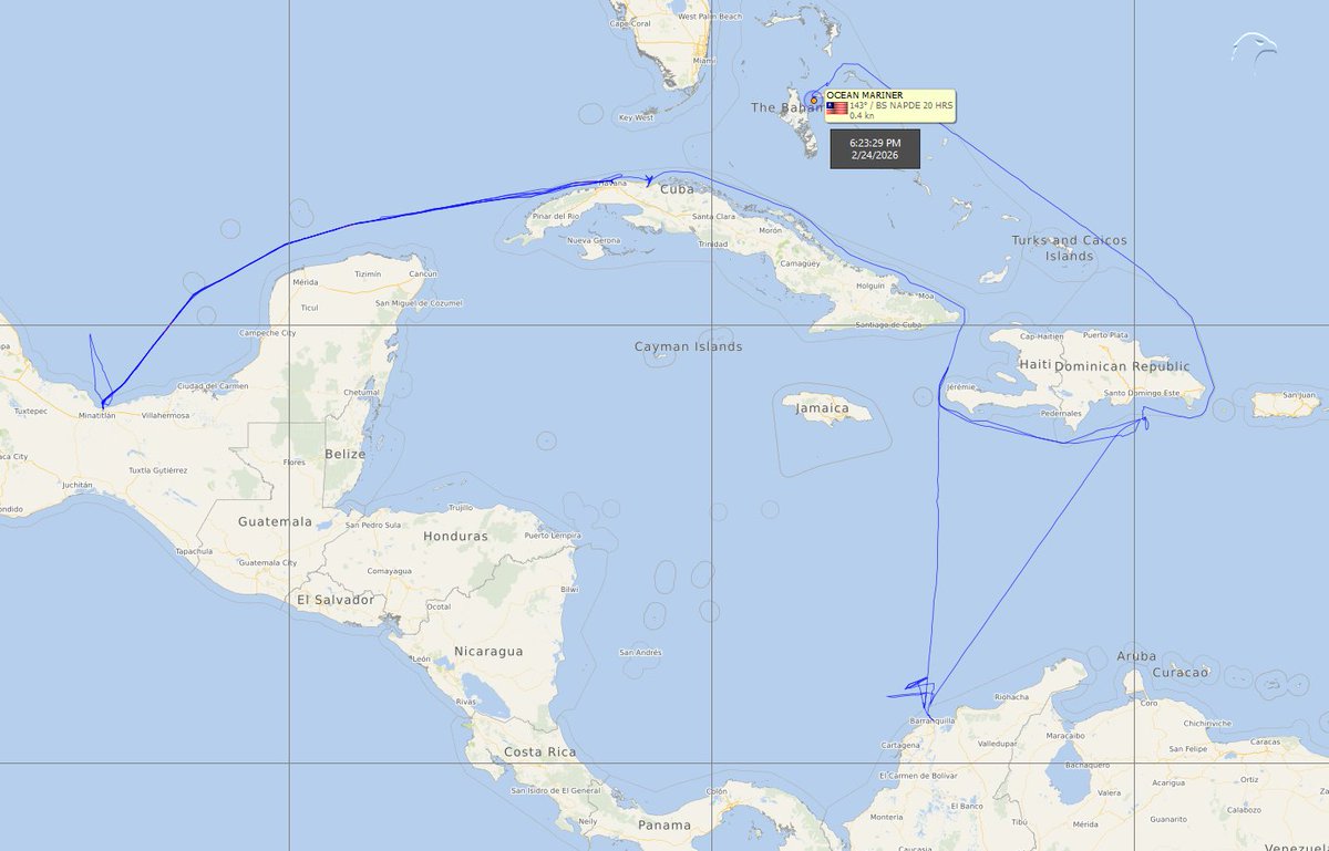 FlconEYES's tweet image. OCEAN MARINER 9328340
Chemical/Oil Products Tanker

Tanquero rentado al servicio del @PartidoPCC. Traía los envíos de combustibles del #CJNG cortesía @Claudiagb2019 via #GasolinasBienestar y @Pemex 

En el mapa, los últimos 90 días de navegación.

Aún en #Nassau (#Bahamas)