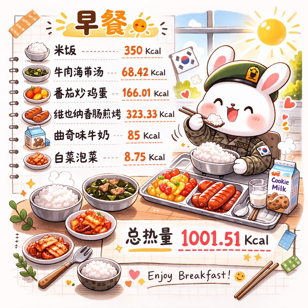 兔兔的萌萌食光🐰✨

D467

今日江原道天气 晴  -4 到7度

🌞 早餐

🍚 米饭 350 Kcal
🥣 牛肉海带汤 68.42 Kcal
🍅 番茄炒鸡蛋 166.01 Kcal
🌭 维也纳香肠煎烤 323.33 Kcal
🥛 曲奇味牛奶85 Kcal
🥬 白菜泡菜 8.75 Kcal

总热量 1001.51 Kcal

#토토의몽몽식시간 
#DOYOUNG #도영
