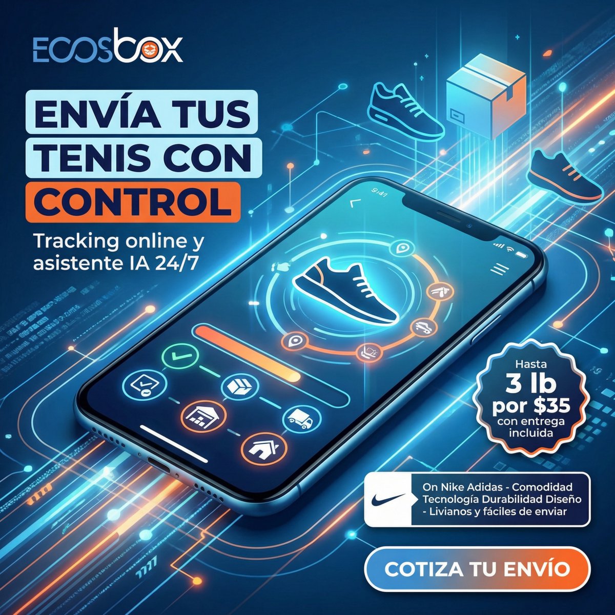 ecosboxlogistic's tweet photo. Al elegir zapatillas deportivas, considera la comodidad, la tecnología, la durabilidad y el diseño. 🏃‍♂️👟  
Las opciones ligeras como On, Nike y Adidas simplifican el envío.  
Las tarifas de correo de EE. UU. para zapatos de menos de 3 lb son solo $35, ¡incluida la entr... https://t.co/4oE09kH9y3