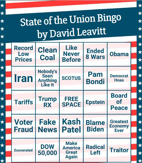 I got State of the Union Bingo Cards

#StateOfTheUnion