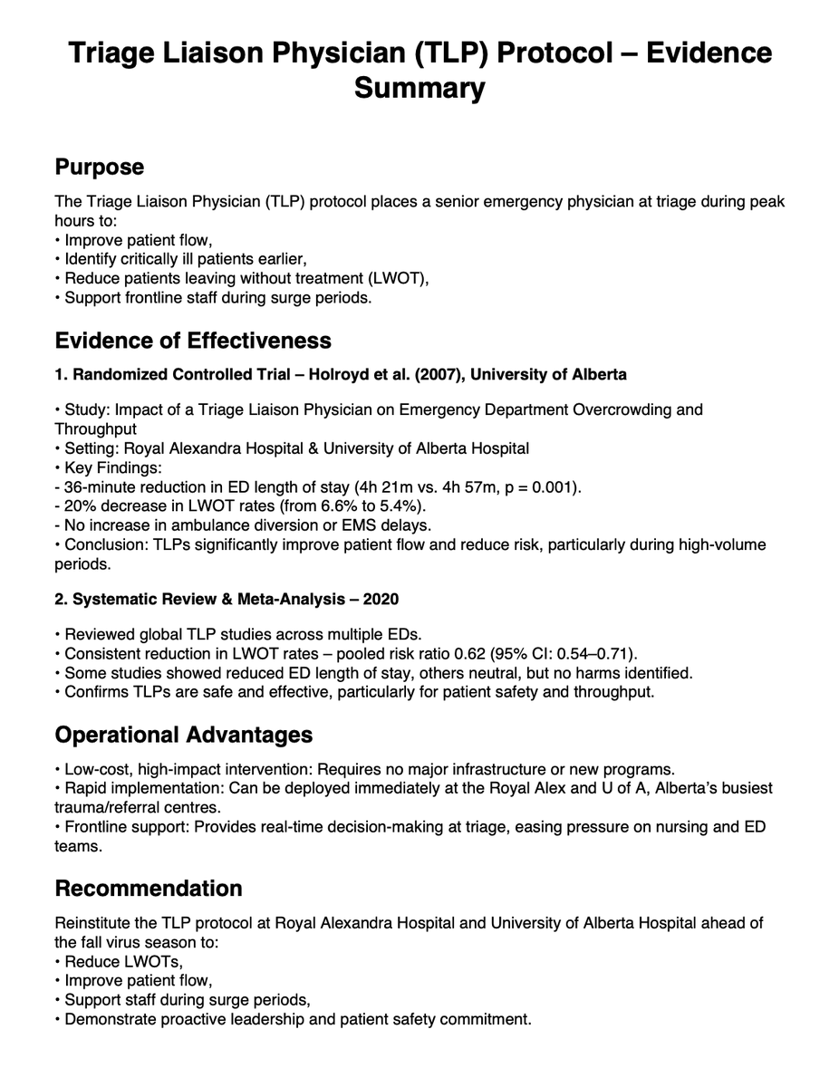 RajSherman's tweet photo. Long read - A very serious punchline is at the end.

I watched the Major Healthcare Announcement yesterday and, on the topic of the Triage Liaison Physician (TLP), I basically heard: “If ER doctors don’t want to do this job, we’ll get someone else.”

Let’s clarify what the TLP role actually is.

This is not a new innovation. It was created and staffed by emergency physicians during the last major ER crisis (2009–2014). At that time it was salaried, paid about 30% less than ER clinical shifts, required overtime, and carried significant medico-legal risk.

We stepped up anyway because during periods of low or no flow, critically ill Albertans in the waiting room required active surveillance and earlier intervention.

Patients should not deteriorate or die while waiting for care, something we have unfortunately recently seen and documented in overcrowded departments. When that happens, the human, legal, and financial consequences are serious.

The TLP role is not triage “support.” It is advanced emergency risk assessment.

It’s like a lifeguard monitoring 60–100 patients in a crowded waiting room and identifying who will deteriorate next.

That requires Emergency Medicine training.

Family physicians, NPs, and PAs are valued members of the team, but they are not trained to provide high-risk emergency triage oversight at this level in major trauma and referral hospitals.

For this role to function safely, three elements are required:
1. Reasonable compensation (even if below clinical shift rates)
2. A dedicated triage space beyond existing nursing capacity, with infrastructure support
3. Dedicated nursing support (RN + LPN)

It is my understanding that the compensation being discussed mirrors rates from 12–17 years ago. Cost estimates of the TLP program of $500–700K per ED (physician and nursing cost) annually likely underestimate the true cost.

When physician time, dedicated nursing support, infrastructure, and governance oversight are fully accounted for, a realistic estimate approaches $1 million annually per department in 2026 dollars.

This is a meaningful investment, but modest in the context of system-wide spending, particularly when compared to the potential human and legal costs of unmanaged risk in crowded waiting rooms.

Emergency physicians have been willing to do this role for two years and remain willing, even though it involves overtime, higher clinical and legal risk, and lower compensation than regular shifts. This is not about making doctors richer. It is about the safety of Albertans.

That said, the TLP does NOT fix hospital flow. It does NOT move ALC patients, create inpatient capacity, or accelerate movement of admitted patients to wards.

It is a harm-reduction measure, not a system solution. Until Minister @JasonNixonAB moves a significant number of ALC's out of hospital to reduce bed block, this position will be needed.

The underlying crisis remains blocked inflow, throughput, and outflow across our hospitals. If we want durable improvement, we must address system flow, not just triage optics.

There is also a governance concern.

Operational emergency department decisions have historically been made by hospital and clinical leadership. When the TLP was previously implemented, it was funded by AHS and Covenant because it improved patient safety and hospital performance.

It did not require direct political or bureaucratic direction by the Premier, Minister or their deputy ministers.

Clear separation between governance (policy and funding) and operations (clinical delivery) is essential in complex systems like healthcare.

Blurring those lines risks delay and confusion at the bedside, and in emergency medicine, delays are a matter of life and death.

This role was meant to be instituted urgently on Feb 1st in the context of a crisis, yet it is Feb 24th and discussion is still occurring publicly rather than through structured engagement with frontline leaders.

Dr. Warren Thirsk, the elected leader of the emergency physicians in Alberta, has previously worked this role. To my knowledge, he has not yet been formally consulted by Minister @MattJonesYYC regarding the TLP position.

It is also my understanding that two different ministers and their respective bureaucracies are responsible for this decision.

In the middle of a healthcare access crisis, urgent collaboration with frontline emergency leaders is practical and essential.

Rural Albertans depend on major urban hospitals for specialized care. When large centres are operating at or beyond capacity, transfers become difficult. We are all connected in this system.

@ABPremierSmith 's comments to "get someone else" are not helpful. 

Premier, this is akin to saying, "if you cannot do the job of Premier, maybe we should hire someone else".

This should concern every Albertan.

@AdrianaLaGrange @Albertadoctors @AHS_media @CovenantCA @PfParks @JMeddings @NightShiftMD
@TheBreakdownAB @ryanjespersen @cspotweet
@Alberta_UCP @UCPCaucus @albertaNDP @nenshi