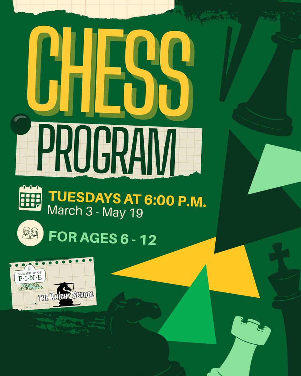 TwpofPine's tweet photo. Big moves are happening at the Pine Community Center! ♟️ Our chess programs bring strategy, confidence, and fun to youth ages 6–15, with groups for different skill levels.

🔗 Register today: https://t.co/j4922GZd5f

#Chess #ChessForKids #PineProgram #PineTownship #Pinetastic https://t.co/RNT7tVkVvU