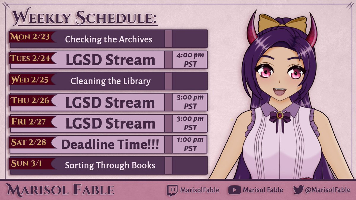 MarisolFable's tweet photo. Schedule Time:

I realize I forgot to post my schedule this weekend so here it is, going up just as I start stream today!

📽️Live Tag: #MarisolLive
🎨Art Tag: #Maristhetic
🎞️Clip Tag: #MemoryFable
🃏Meme Tag: #MarilFablu

#ENVtuber #Vtuber #VtuberUprisings https://t.co/BaSOZfDtIM
