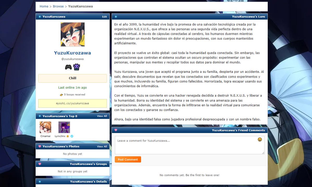 Gracias a <a href="/cinamaivt/">🥮⸝⸝˚₊・Cinamai【V-Butai】ɞ 🎋</a> pude entrar a MyOshi! ✨😭
Ya tengo mi perfil, pero aun tengo que seguir editándola, y no le se x´DD
Ahí veremos como le hago!