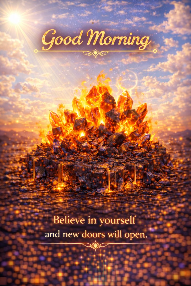Good Morning, Shining Souls!   Rise with the fire in your heart and the magic in your spirit! 🌄 ⭐ 
This blazing crystal mountain is proof: when you truly believe in yourself, the universe ignites new paths, opens golden doors, and turns dreams into dazzling reality. 🔥 ✨ ☀️