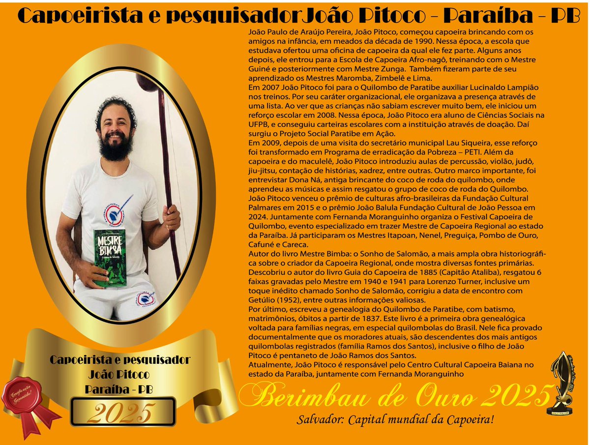 Pitoco_eu_'s tweet photo. Nos dias 26, 27 e 28 de fevereiro ocorre o maior prêmio da capoeira.  Nesta edição, sou o único paraibano contemplado. https://t.co/beYsmfhpeE