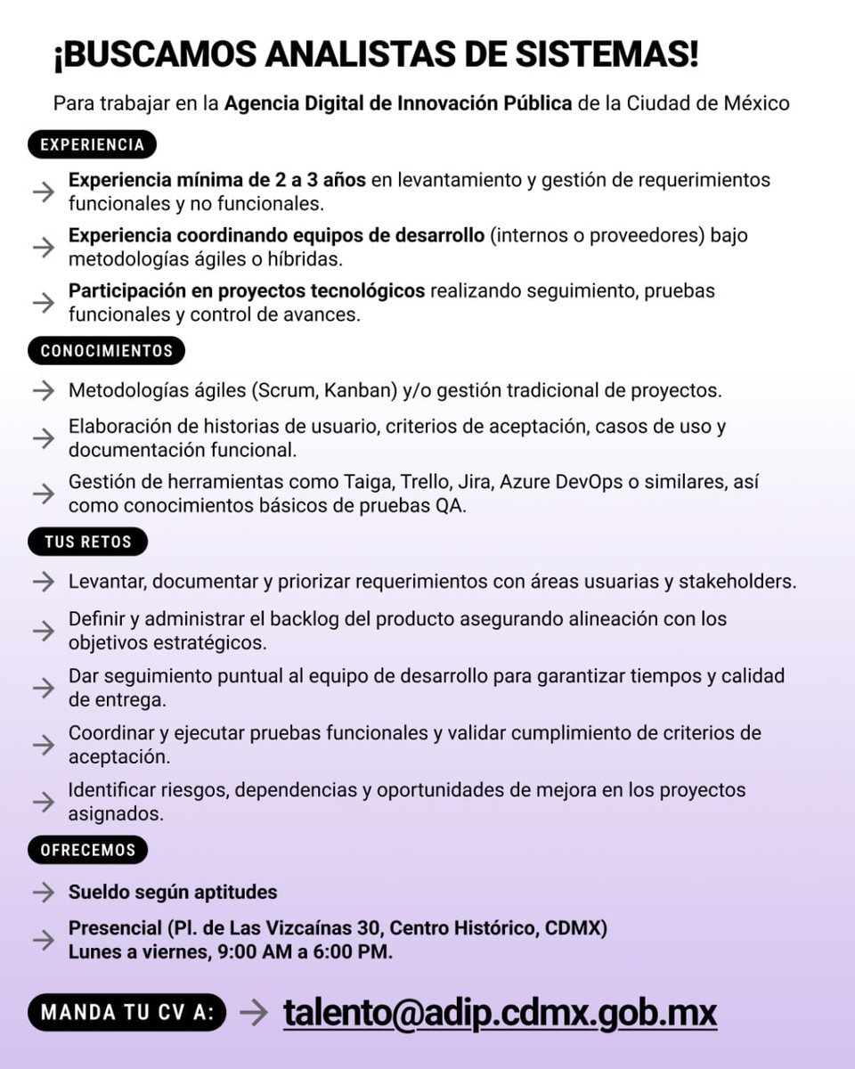 LaAgenciaCDMX's tweet photo. 🚀 Súmate a la transformación digital de la ciudad  Buscamos talento que quiera construir soluciones tecnológicas con impacto público.  
📊 Vacante: Especialista en gestión y procesamiento de datos 
💻 Vacante: Analista de sistemas  
Manda tu CV a: talento@adip.cdmx.gob.mx https://t.co/LR7ywLQCVm