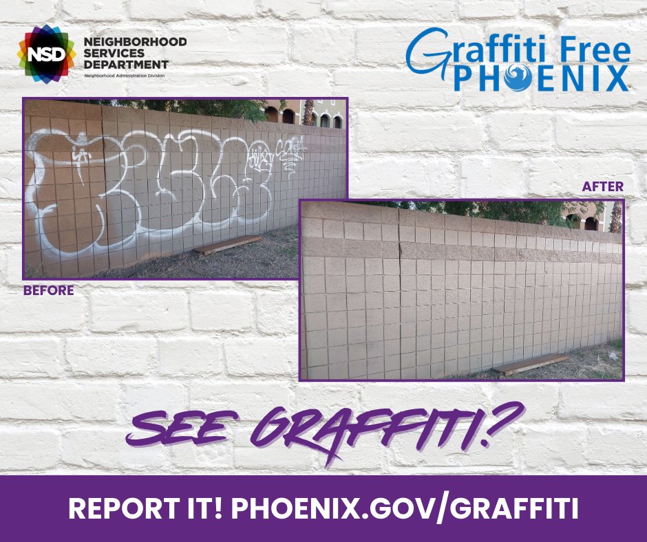 PHXNeighborhood's tweet photo. Another successful transformation by our Graffiti Busters! Quick reporting makes quick cleanup possible. If you see graffiti, report it so we can take action: 602-534-4444, blight@phoenix.gov, or https://t.co/3Ut08xh0sm.

Learn more at https://t.co/hWeJWhsyTK. https://t.co/p7kAc5IqKd