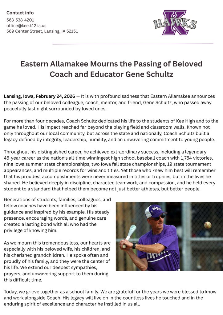 With heavy hearts, Eastern Allamakee mourns the passing of beloved coach and educator Gene Schultz