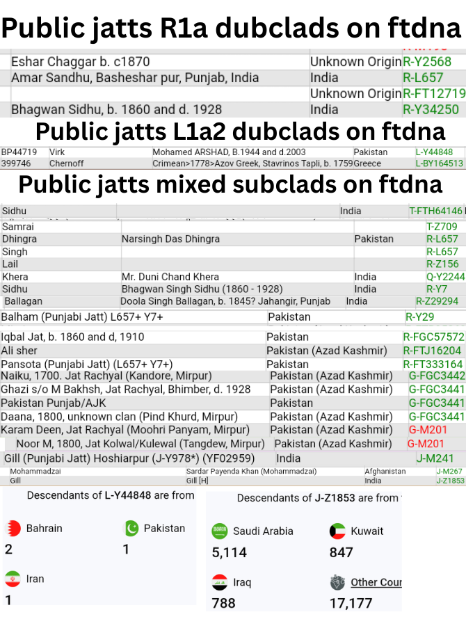 2 public samrai and sidhu jatts fall in same T subclad as bangash pthan, virk jatt on ftdna L1a2 subclad is split from durranis L1a2, public gill jatt j subclad is shared with a mohmadzai , khera jatt Are Q who fought with lodhis along langahs, majority dhillon jatts are j2a etc