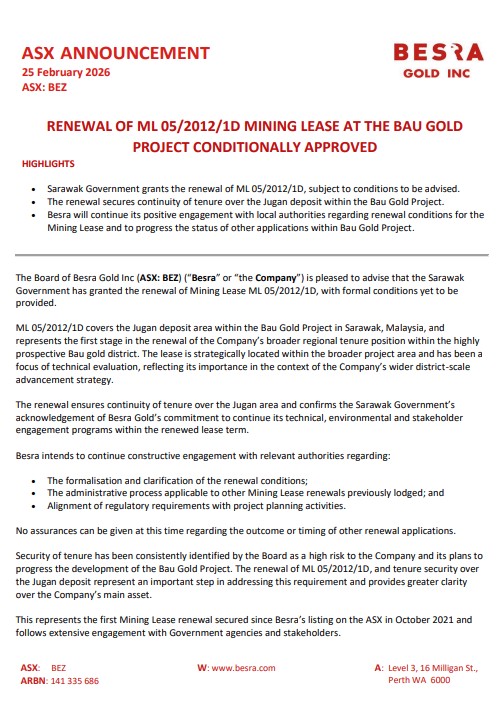 BesraGold's tweet photo. Besra is pleased to advise that the Sarawak Government has granted the renewal of Mining Lease ML 05/2012/1D, subject to conditions to be advised. The renewal secures continuity of tenure over the Jugan deposit within the Bau Gold Project. 

 https://t.co/UmTwd3tOQO

$BEZ https://t.co/06dZpdsqgi