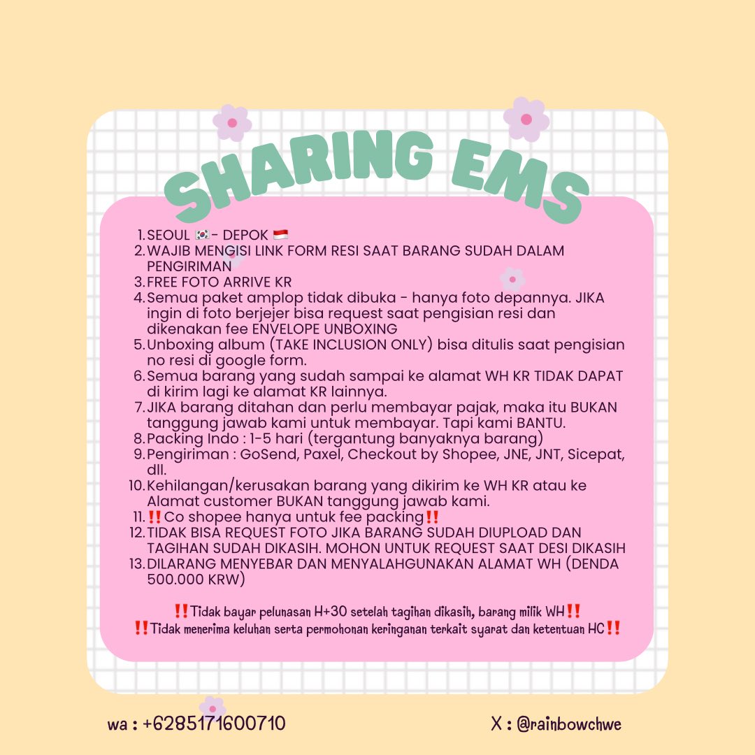 PROMO GRAND OPENING SHARING EMS WH KR 🇰🇷🇮🇩 by <a href="/rainbowchwe/">Alyaa TF CO WH CH & KR EMS , HANDCARRY🇨🇳🇰🇷🇮🇩</a>

🧧Lunar Year and Ramadhan edition 🕌

🏷️ FREE FEE WH + DISC 5% RATE WH EMS UNTUK 5 RESI PERTAMA

More Info : linktr.ee/rainbowchwe