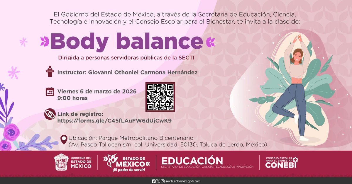 En el marco del #DíaInternacionalDeLaMujer, el #CONEBI te invita a la clase de body balance 🏃🏻‍♀️
⏱️6 de marzo | 09:00 horas
📍Parque Metropolitano Bicentenario (Av. Paseo Tollocan s/n, col. Universidad, C. P. 50130 Toluca, México).
Regístrate👉 forms.gle/C45fLAuFW6dUjC… o en el QR📲.