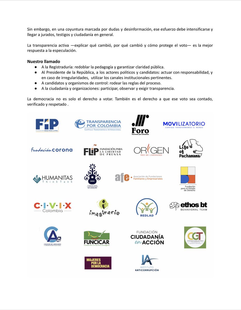 Comunicado 🗣️ | La responsabilidad presidencial es proteger las reglas electorales y respetar la independencia institucional. Las organizaciones de la sociedad civil firmantes, articuladas en la <a href="/AlianzaDemCol/">Alianza por la Democracia Colombia</a>, hacemos un llamado firme a la transparencia, al respeto por las