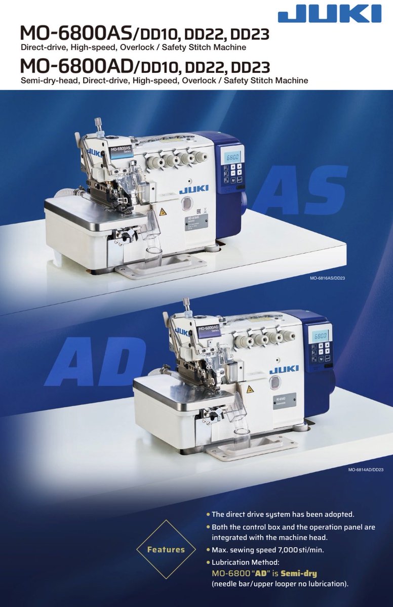 newtechtup's tweet image. The JUKI MO-6814AD is a high-speed, 2-needle, 4-thread overlock machine designed for industrial use. 
It is part of JUKI’s advanced MO-6800 series, specifically featuring their "Semi-Dry Head" technology to prevent oil stains on fabrics.

#juki #mo6814da #overlock #textile