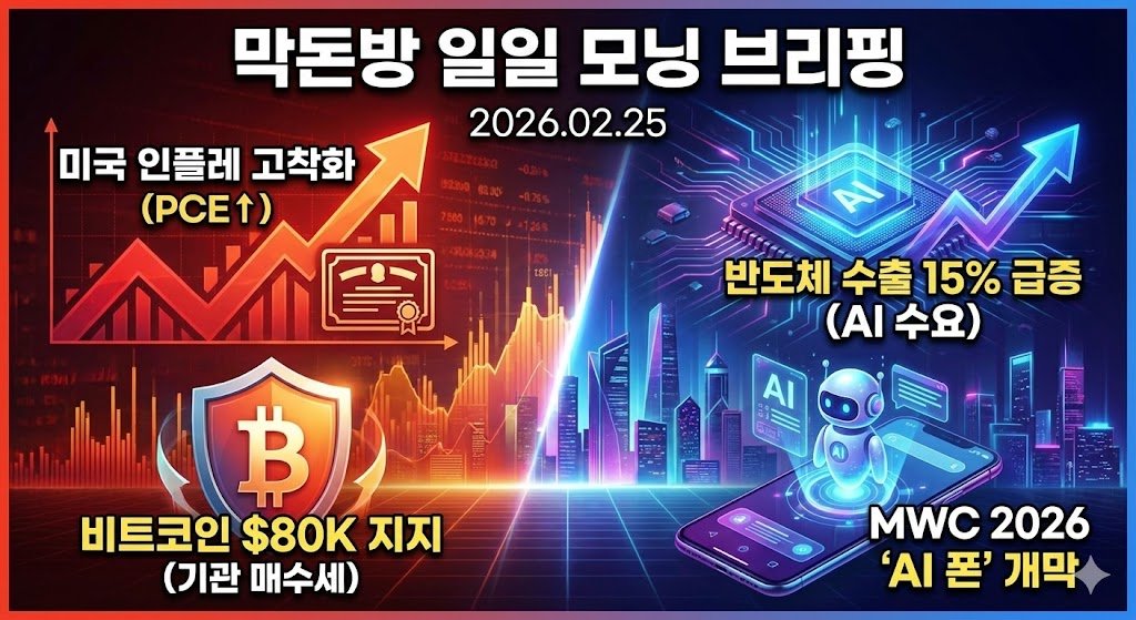 2026년 02월 25일 막돈방 일일 모닝 브리핑

좋은 아침입니다! 밤사이 글로벌 시장에는 어떤 일들이 있었을까요? 막돈방과 함께 쉽고 빠르게 훑어보는 2월 25일 일일 모닝 브리핑입니다.

🌏 글로벌 경제 (Global Economy)
- 미국 인플레 고착화 우려: 연준이 선호하는 물가 지표인