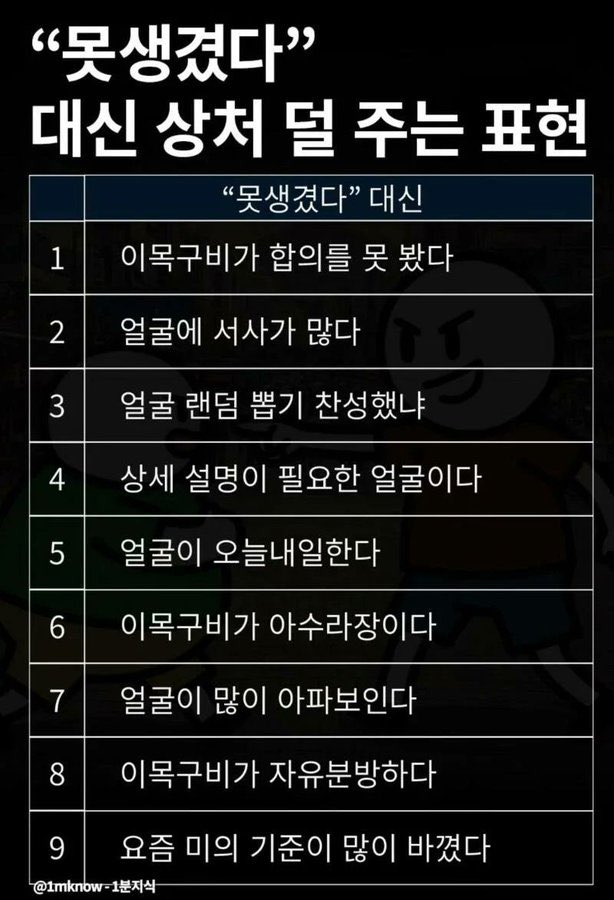 wiriness's tweet photo. “못생겼다” 대신 쓸 수 있는 표현 https://t.co/tG3EVb8EDE